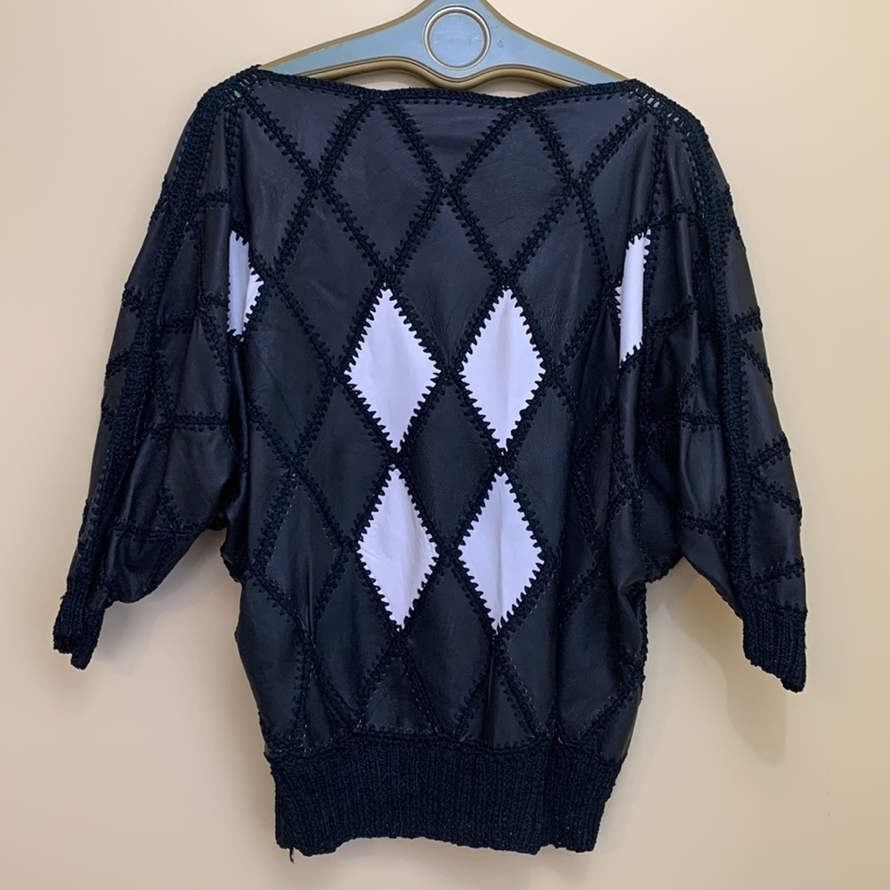 Vintage Black White Leather Harlequin Diamond Patchwork Crochet Knit Sweater Top